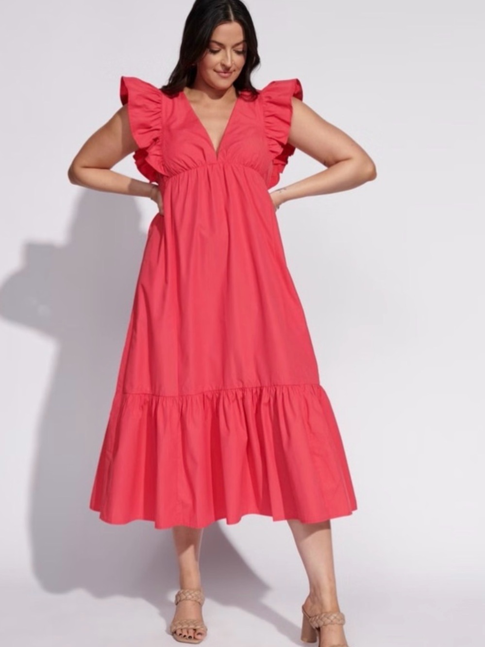 Abercrombie & Fitch Dark Pink Tiered Flutter Sleeve Midi Dress Size Small